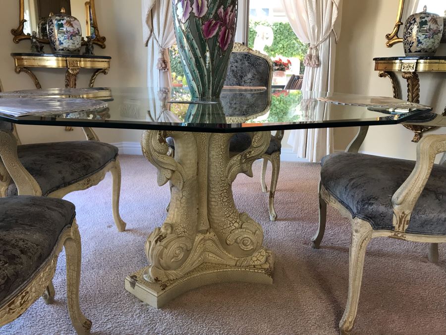 Set Of (4) Elegant Armchairs With Fish Motif Table Base And Beveled Glass Top 59W X 28.5H - FRE [Photo 5]