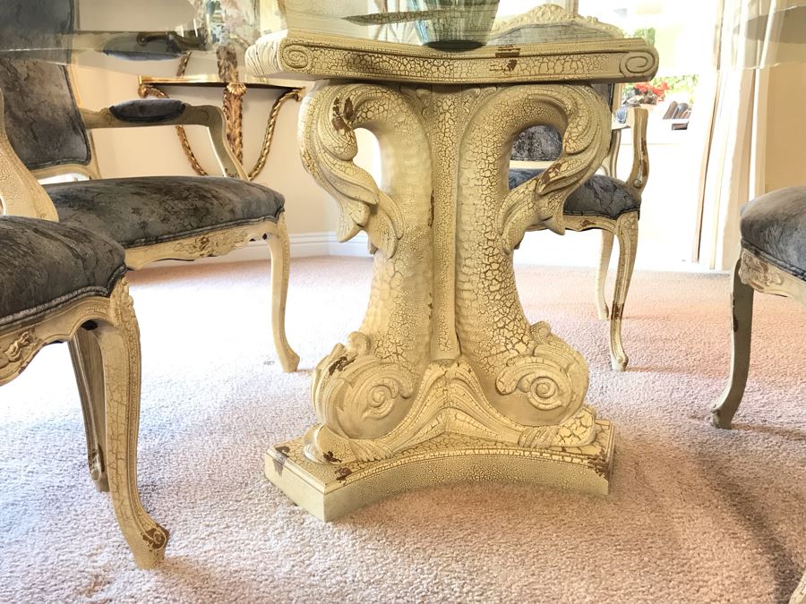 Set Of (4) Elegant Armchairs With Fish Motif Table Base And Beveled Glass Top 59W X 28.5H - FRE [Photo 3]