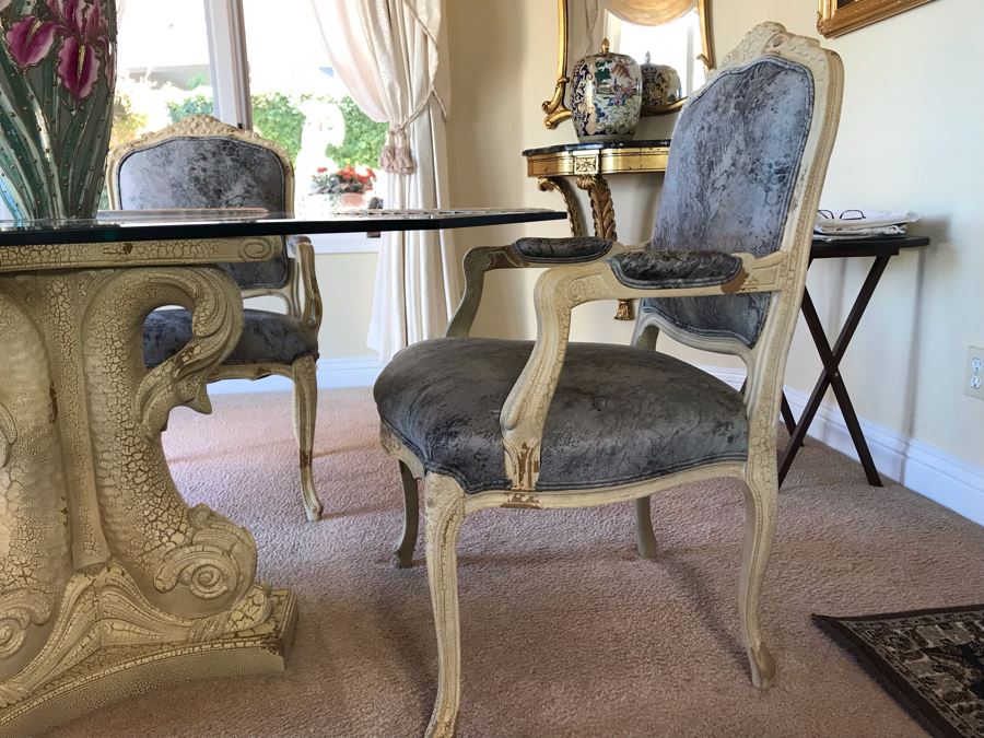 Set Of (4) Elegant Armchairs With Fish Motif Table Base And Beveled Glass Top 59W X 28.5H - FRE [Photo 6]