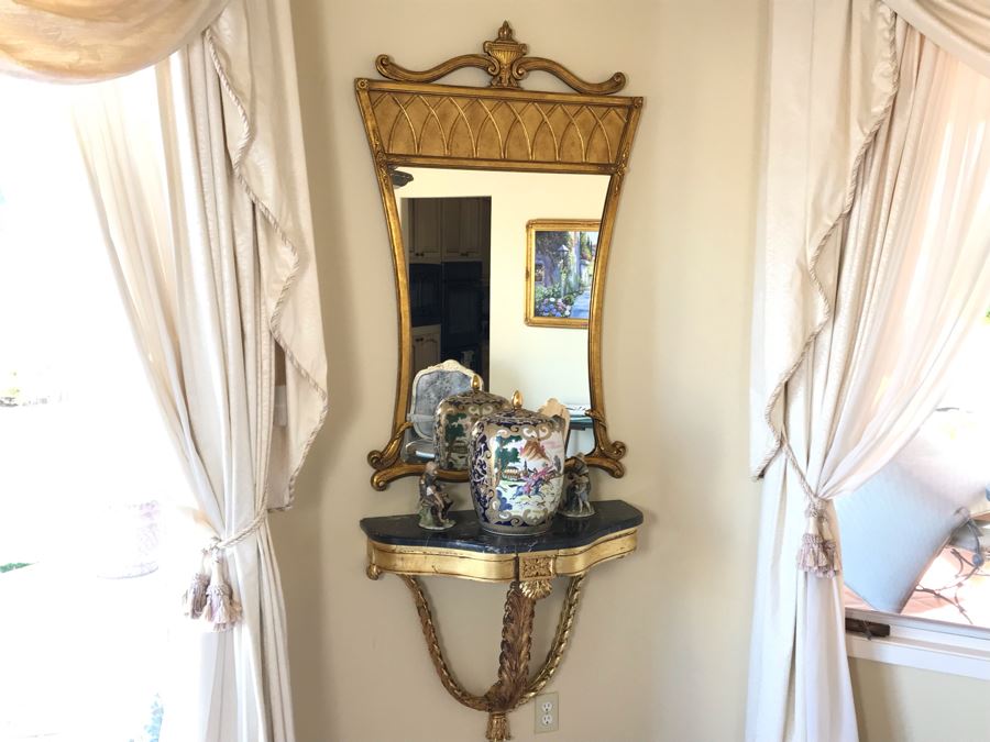 Pair Of French Demi-lune Wall Hung Console Gilded Tables With Marble Tops 31W X 14D X 25H And Pair Of Matching Elegant Gilded Wall Mirrors 31W X 50H Shown Above Tables - FRE [Photo 3]