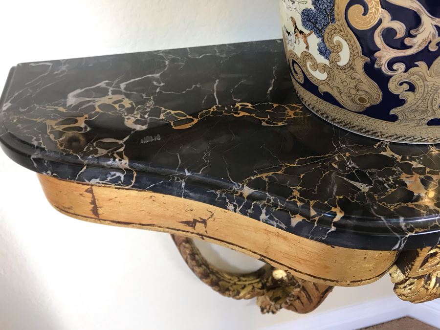 Pair Of French Demi-lune Wall Hung Console Gilded Tables With Marble Tops 31W X 14D X 25H And Pair Of Matching Elegant Gilded Wall Mirrors 31W X 50H Shown Above Tables - FRE [Photo 9]