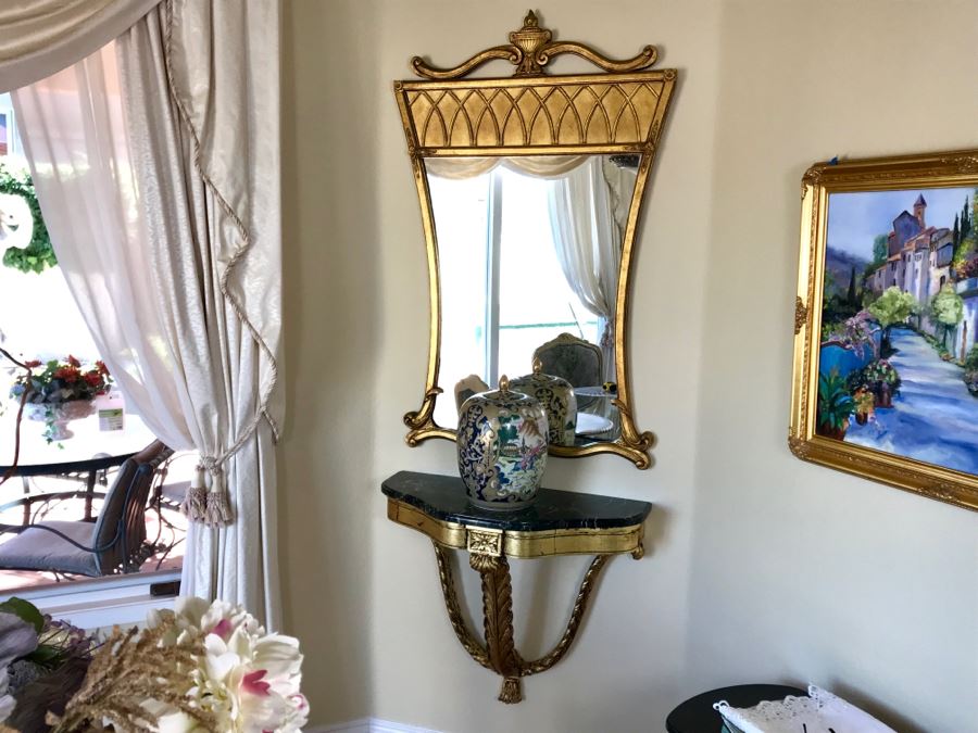 Pair Of French Demi-lune Wall Hung Console Gilded Tables With Marble Tops 31W X 14D X 25H And Pair Of Matching Elegant Gilded Wall Mirrors 31W X 50H Shown Above Tables - FRE [Photo 5]