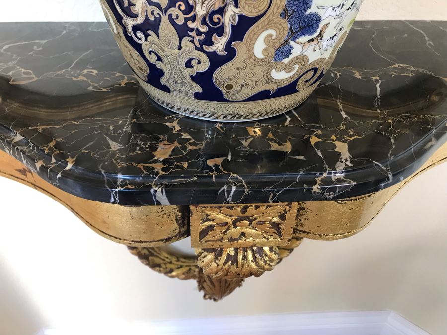 Pair Of French Demi-lune Wall Hung Console Gilded Tables With Marble Tops 31W X 14D X 25H And Pair Of Matching Elegant Gilded Wall Mirrors 31W X 50H Shown Above Tables - FRE [Photo 10]