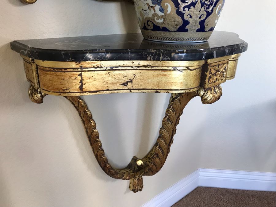 Pair Of French Demi-lune Wall Hung Console Gilded Tables With Marble Tops 31W X 14D X 25H And Pair Of Matching Elegant Gilded Wall Mirrors 31W X 50H Shown Above Tables - FRE [Photo 7]