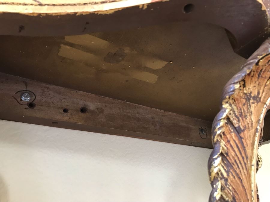 Pair Of French Demi-lune Wall Hung Console Gilded Tables With Marble Tops 31W X 14D X 25H And Pair Of Matching Elegant Gilded Wall Mirrors 31W X 50H Shown Above Tables - FRE [Photo 16]