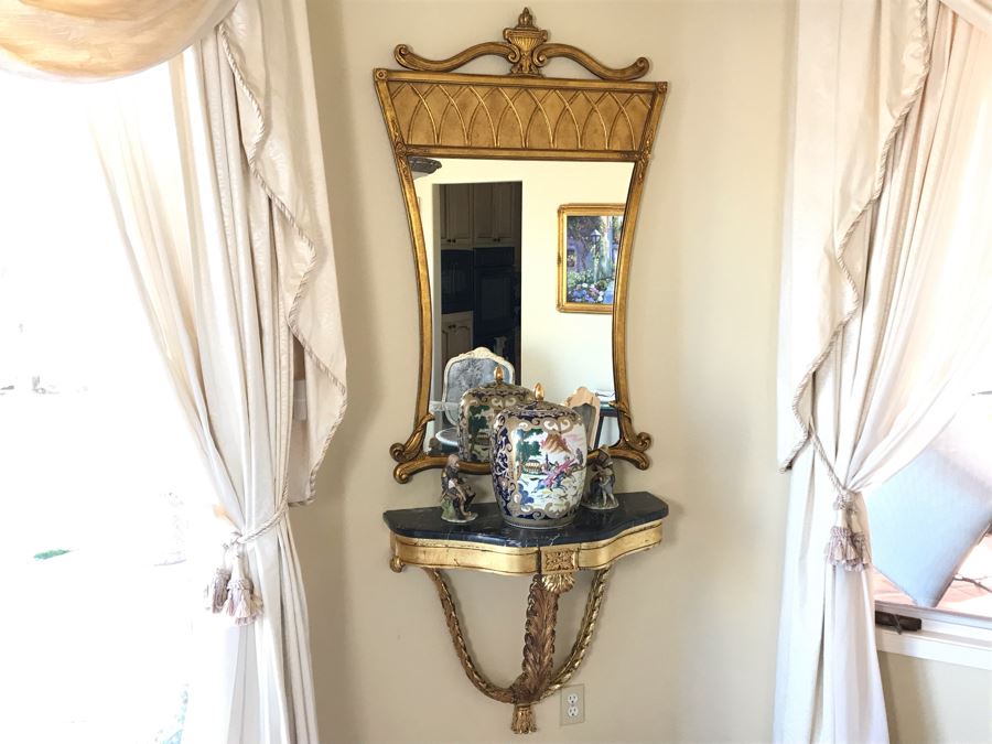 Pair Of French Demi-lune Wall Hung Console Gilded Tables With Marble Tops 31W X 14D X 25H And Pair Of Matching Elegant Gilded Wall Mirrors 31W X 50H Shown Above Tables - FRE [Photo 2]