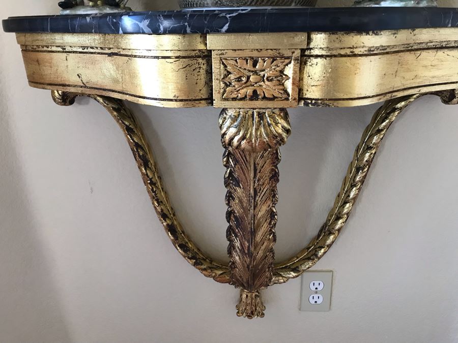 Pair Of French Demi-lune Wall Hung Console Gilded Tables With Marble Tops 31W X 14D X 25H And Pair Of Matching Elegant Gilded Wall Mirrors 31W X 50H Shown Above Tables - FRE [Photo 15]