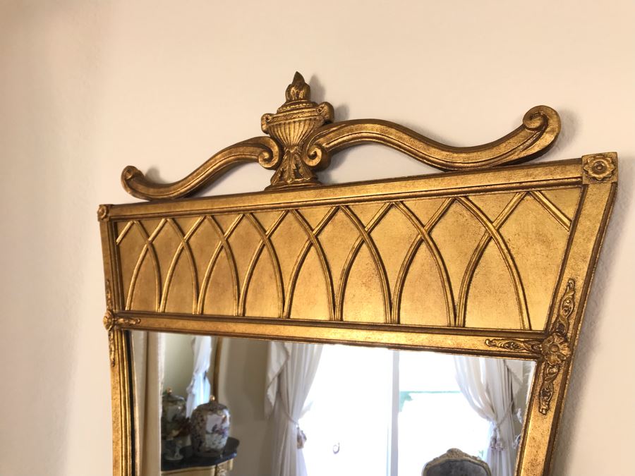 Pair Of French Demi-lune Wall Hung Console Gilded Tables With Marble Tops 31W X 14D X 25H And Pair Of Matching Elegant Gilded Wall Mirrors 31W X 50H Shown Above Tables - FRE [Photo 12]