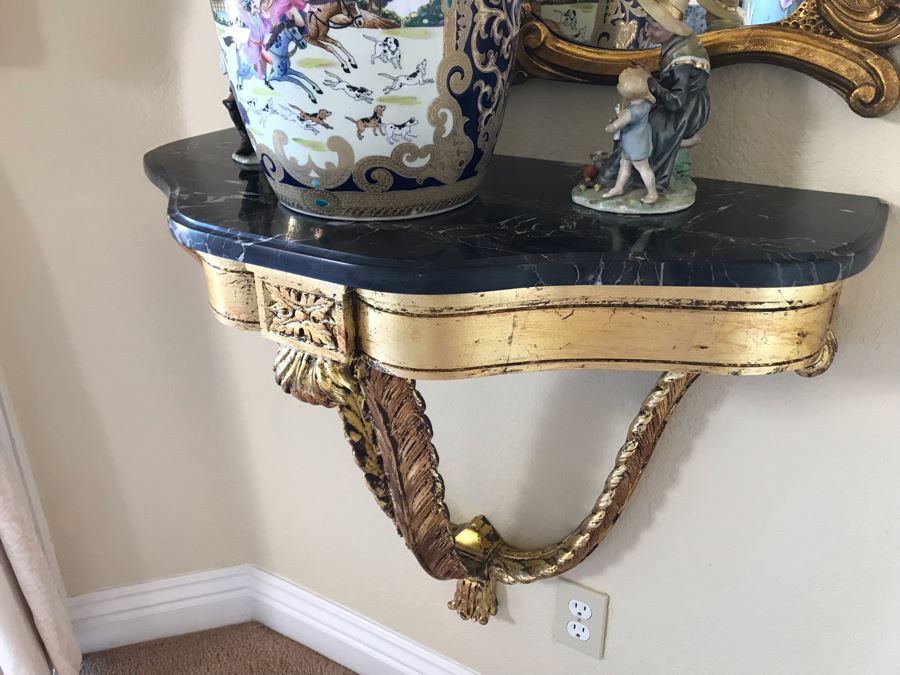 Pair Of French Demi-lune Wall Hung Console Gilded Tables With Marble Tops 31W X 14D X 25H And Pair Of Matching Elegant Gilded Wall Mirrors 31W X 50H Shown Above Tables - FRE [Photo 13]