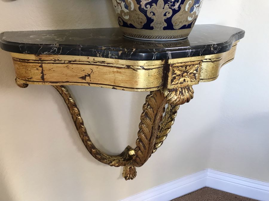 Pair Of French Demi-lune Wall Hung Console Gilded Tables With Marble Tops 31W X 14D X 25H And Pair Of Matching Elegant Gilded Wall Mirrors 31W X 50H Shown Above Tables - FRE [Photo 6]