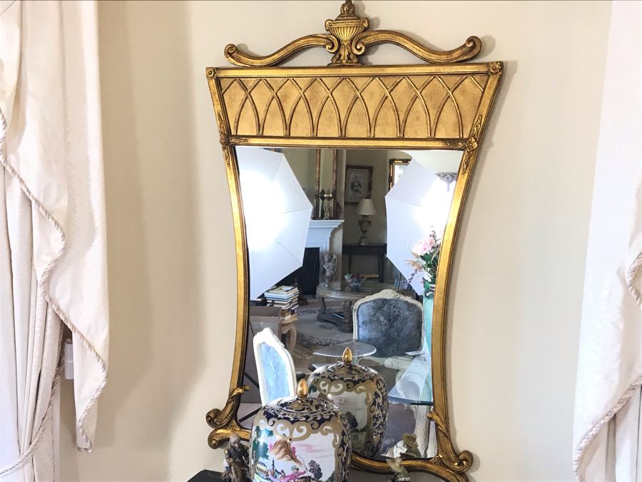 Pair Of French Demi-lune Wall Hung Console Gilded Tables With Marble Tops 31W X 14D X 25H And Pair Of Matching Elegant Gilded Wall Mirrors 31W X 50H Shown Above Tables - FRE [Photo 14]