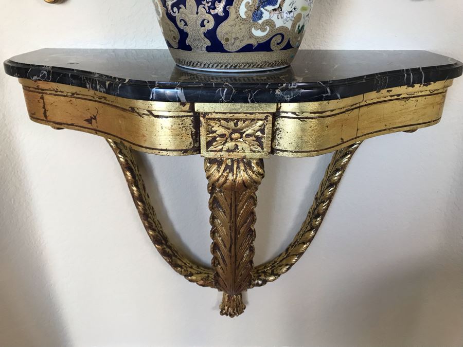 Pair Of French Demi-lune Wall Hung Console Gilded Tables With Marble Tops 31W X 14D X 25H And Pair Of Matching Elegant Gilded Wall Mirrors 31W X 50H Shown Above Tables - FRE [Photo 8]