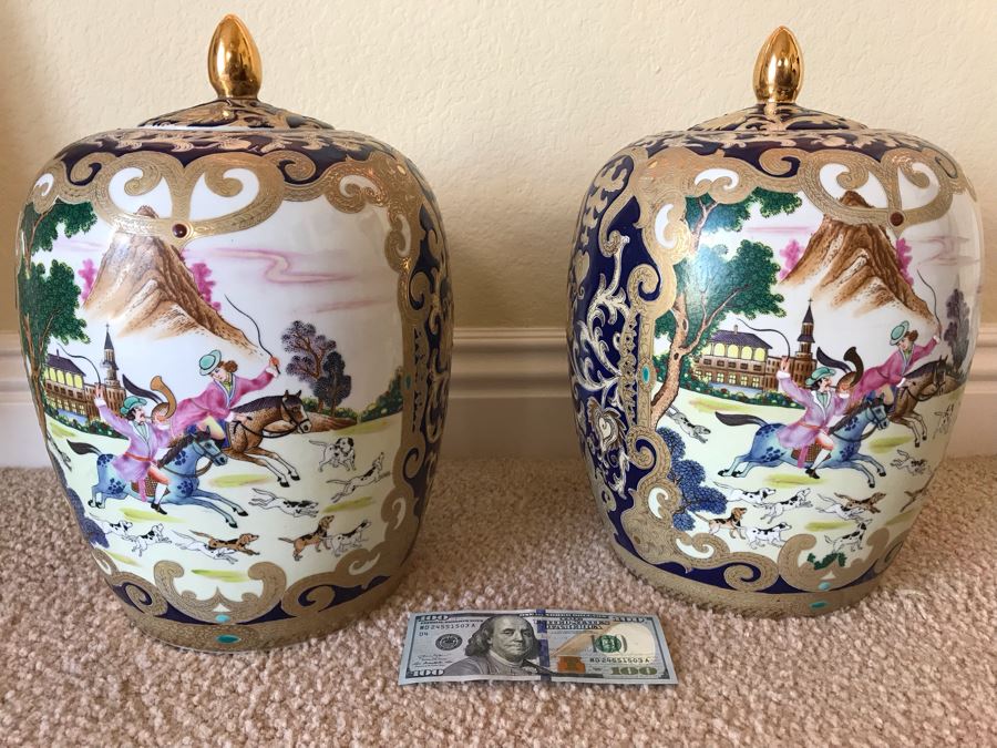 Pair Of Signed Chinese Lidded Jars 14H - FRE