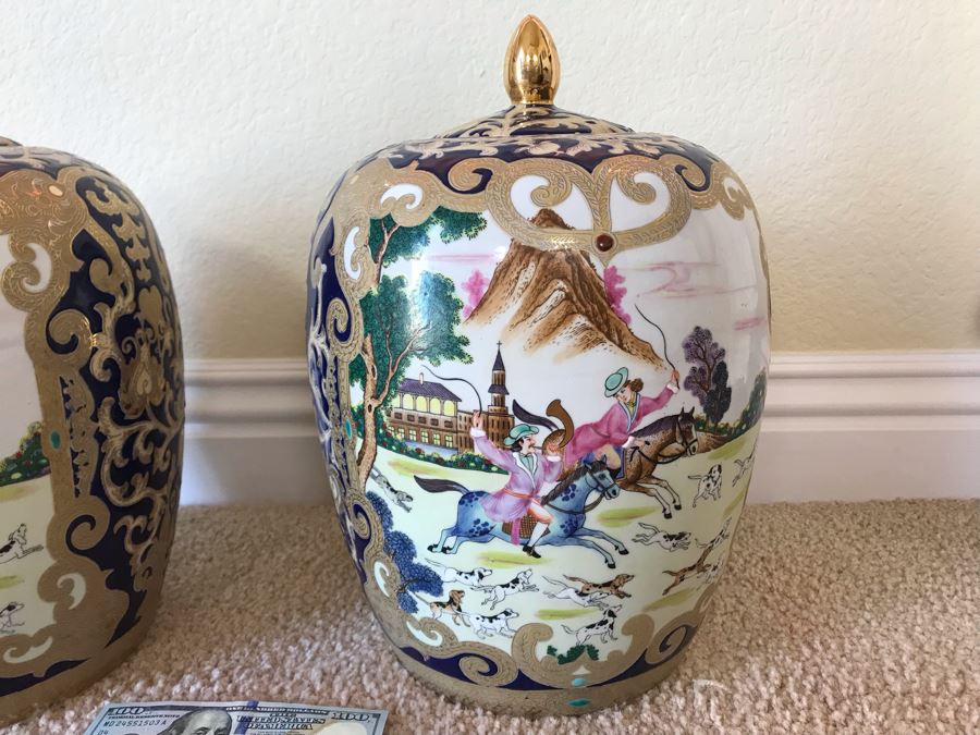 Pair Of Signed Chinese Lidded Jars 14H - FRE [Photo 3]