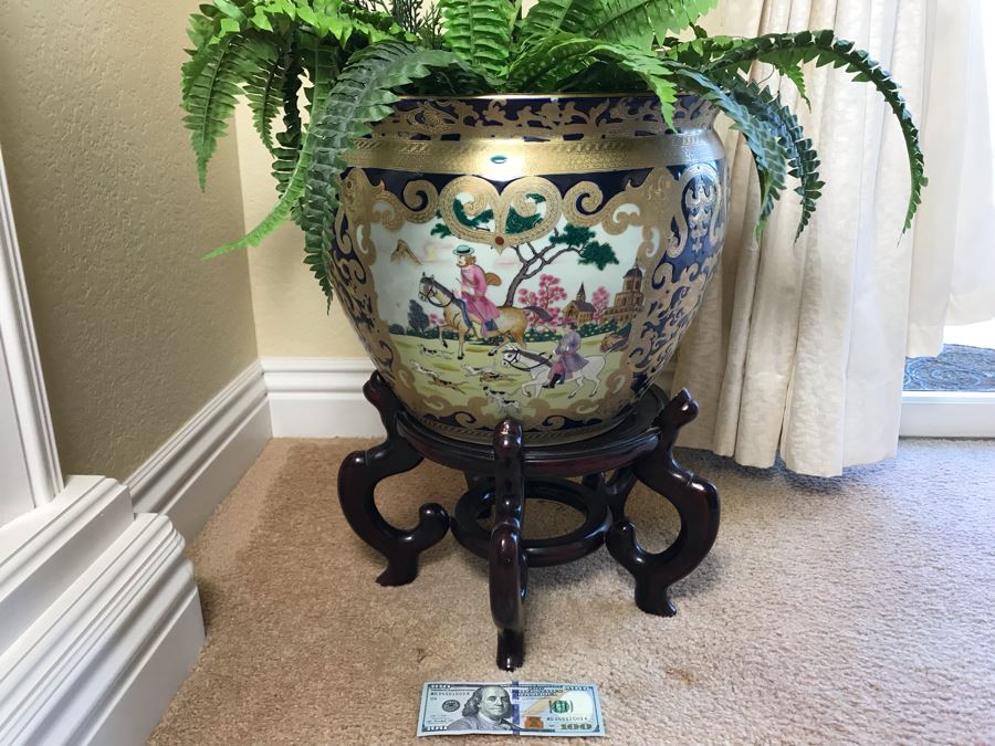 Large Chinese Flower Pot With Wooden Stand (Matches Pair Of Lidded Jars