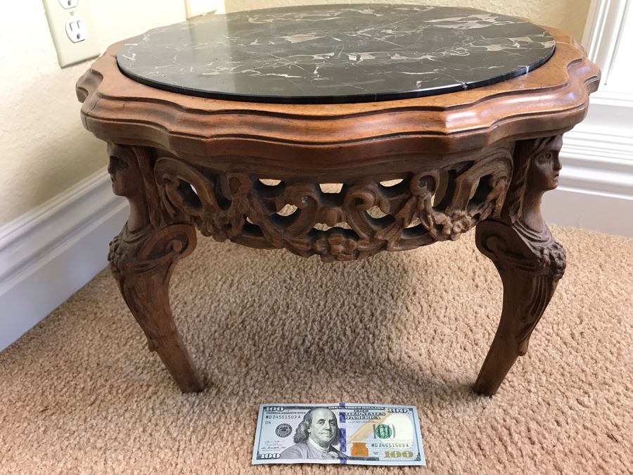 Vintage Carved Wooden Stand With Marble Top 19W X 13H - FRE [Photo 1]