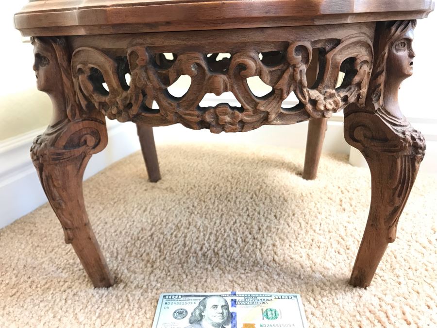 Vintage Carved Wooden Stand With Marble Top 19W X 13H - FRE [Photo 2]