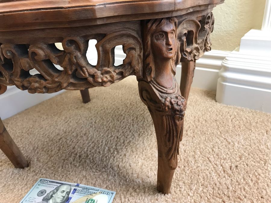 Vintage Carved Wooden Stand With Marble Top 19W X 13H - FRE [Photo 3]
