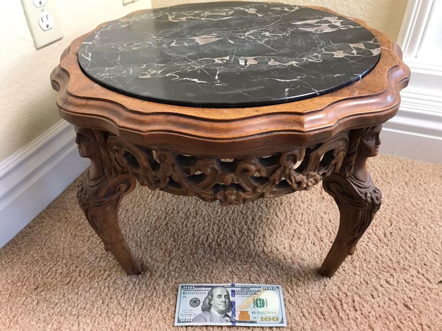 Vintage Carved Wooden Stand With Marble Top 19W X 13H - FRE [Photo 7]