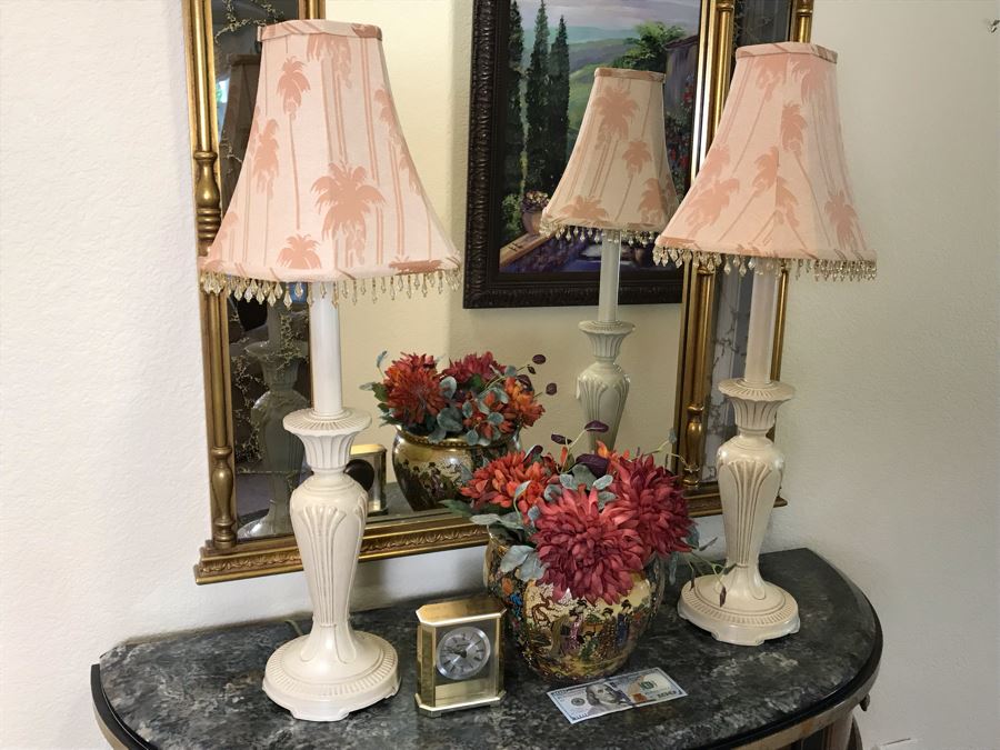 Pair Of Painted Metal Table Lamps With Palm Tree Shades - FRE [Photo 1]