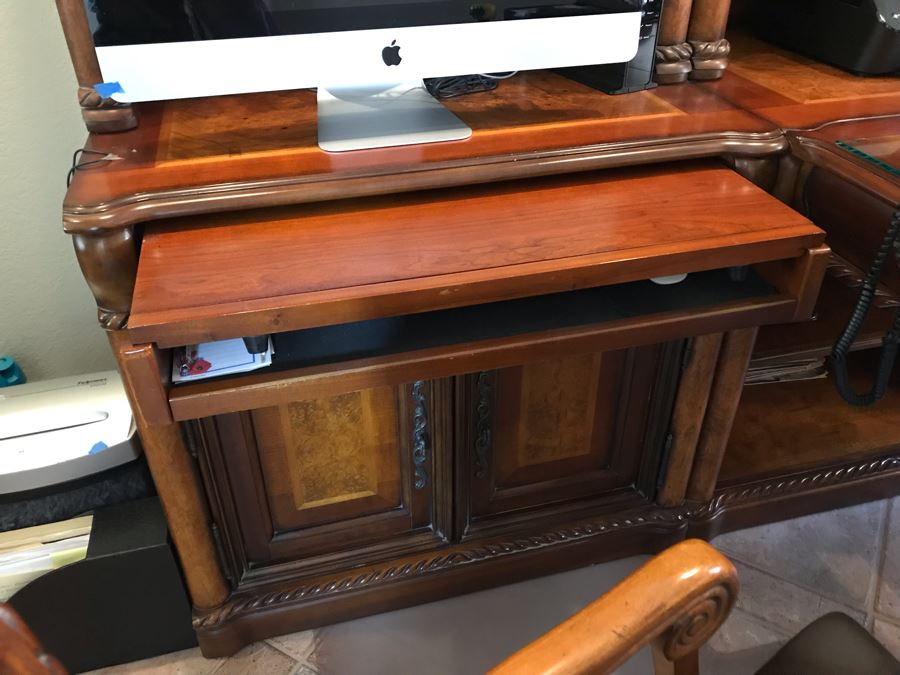 Wooden Office Furniture Set Includes Partners Desk, 6-Piece Wall Unit With Shelving And Drawers And (2) Office Armchairs On Casters - See Photos - (3) Wall Units Each 34W X 24D, Desk 60W X 33D - FRE [Photo 13]