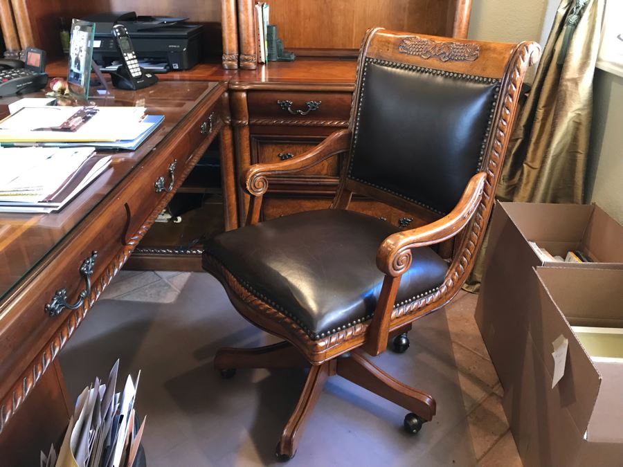 Wooden Office Furniture Set Includes Partners Desk, 6-Piece Wall Unit With Shelving And Drawers And (2) Office Armchairs On Casters - See Photos - (3) Wall Units Each 34W X 24D, Desk 60W X 33D - FRE [Photo 7]