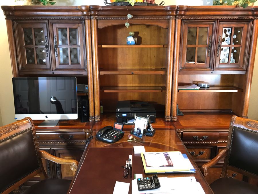 Wooden Office Furniture Set Includes Partners Desk, 6-Piece Wall Unit With Shelving And Drawers And (2) Office Armchairs On Casters - See Photos - (3) Wall Units Each 34W X 24D, Desk 60W X 33D - FRE [Photo 17]