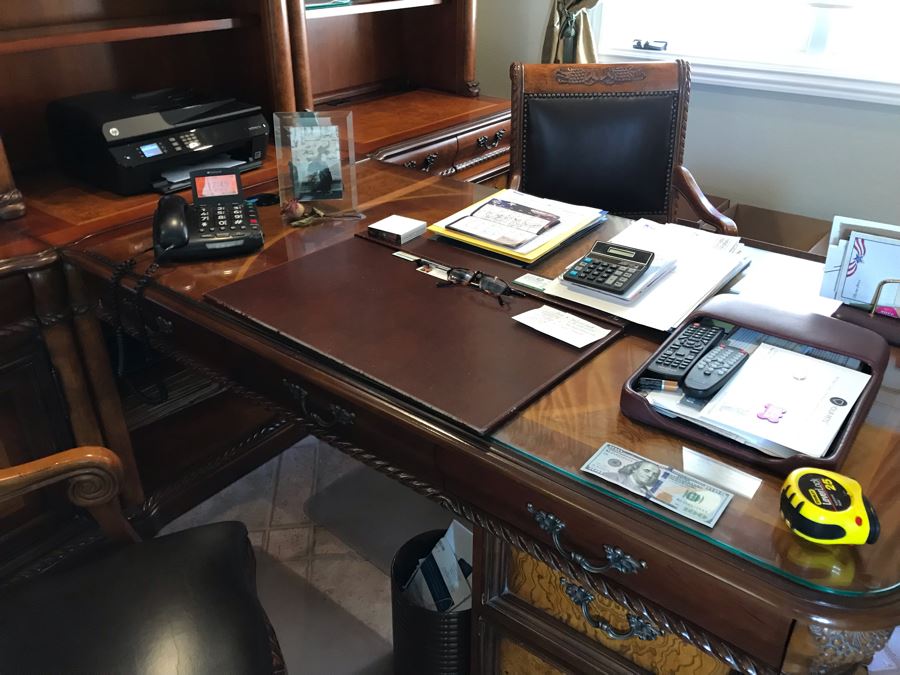 Wooden Office Furniture Set Includes Partners Desk, 6-Piece Wall Unit With Shelving And Drawers And (2) Office Armchairs On Casters - See Photos - (3) Wall Units Each 34W X 24D, Desk 60W X 33D - FRE [Photo 10]