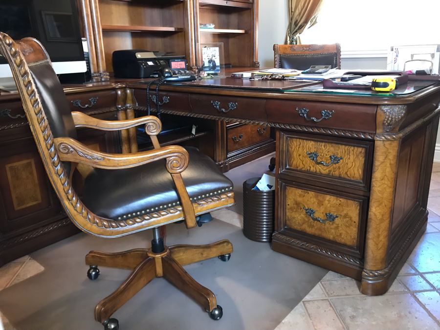 Wooden Office Furniture Set Includes Partners Desk, 6-Piece Wall Unit With Shelving And Drawers And (2) Office Armchairs On Casters - See Photos - (3) Wall Units Each 34W X 24D, Desk 60W X 33D - FRE [Photo 5]