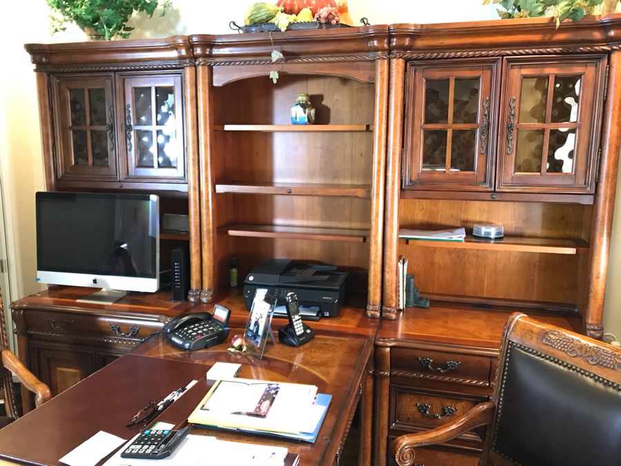 Wooden Office Furniture Set Includes Partners Desk, 6-Piece Wall Unit With Shelving And Drawers And (2) Office Armchairs On Casters - See Photos - (3) Wall Units Each 34W X 24D, Desk 60W X 33D - FRE [Photo 6]