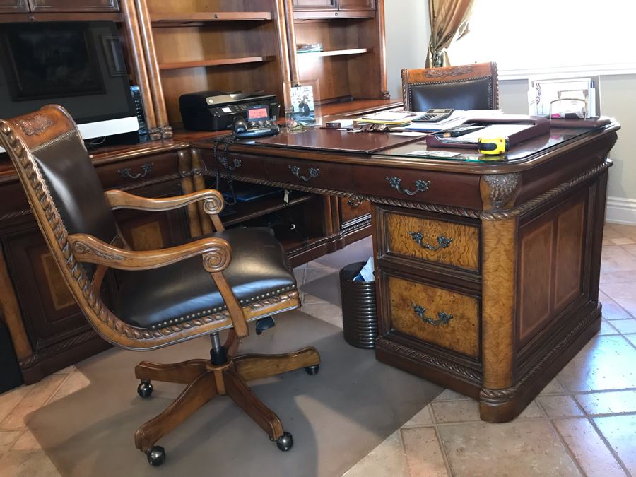 Wooden Office Furniture Set Includes Partners Desk, 6-Piece Wall Unit With Shelving And Drawers And (2) Office Armchairs On Casters - See Photos - (3) Wall Units Each 34W X 24D, Desk 60W X 33D - FRE [Photo 4]