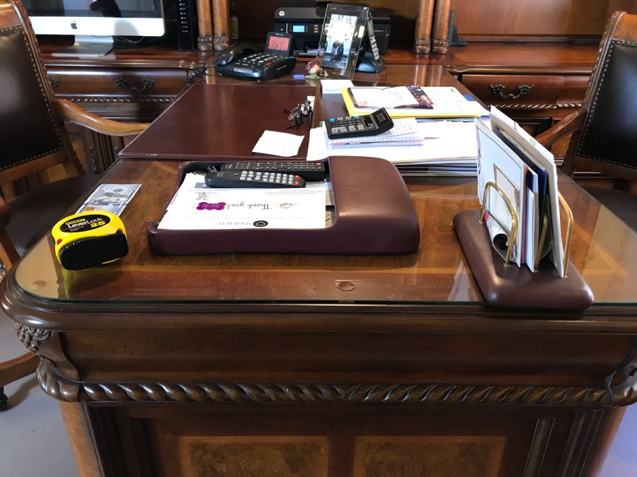 Wooden Office Furniture Set Includes Partners Desk, 6-Piece Wall Unit With Shelving And Drawers And (2) Office Armchairs On Casters - See Photos - (3) Wall Units Each 34W X 24D, Desk 60W X 33D - FRE [Photo 19]