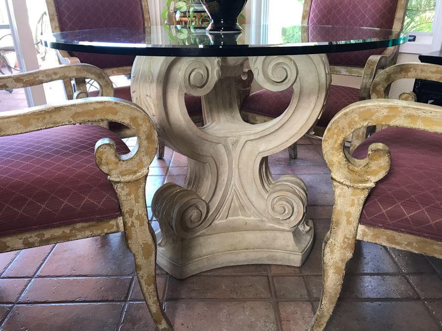 4 Elegantly Upholstered Dining Armchairs With Pedestal Dining Table And Beveled Glass Table Top 42R - FRE [Photo 5]