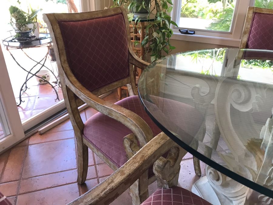 4 Elegantly Upholstered Dining Armchairs With Pedestal Dining Table And Beveled Glass Table Top 42R - FRE [Photo 9]