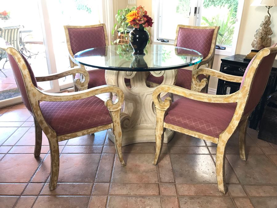 4 Elegantly Upholstered Dining Armchairs With Pedestal Dining Table And Beveled Glass Table Top 42R - FRE [Photo 1]