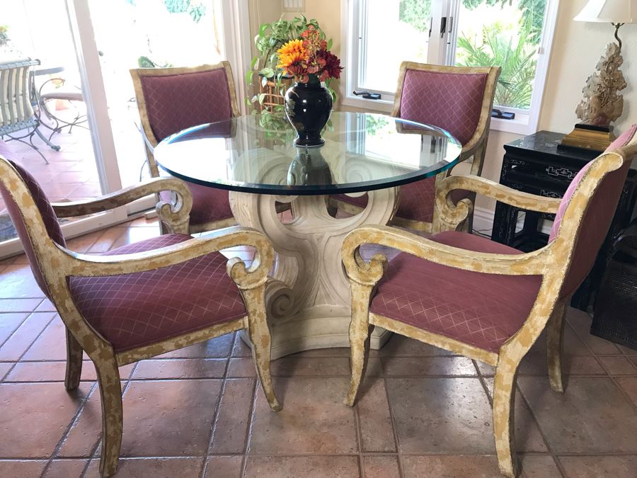 4 Elegantly Upholstered Dining Armchairs With Pedestal Dining Table And Beveled Glass Table Top 42R - FRE [Photo 3]