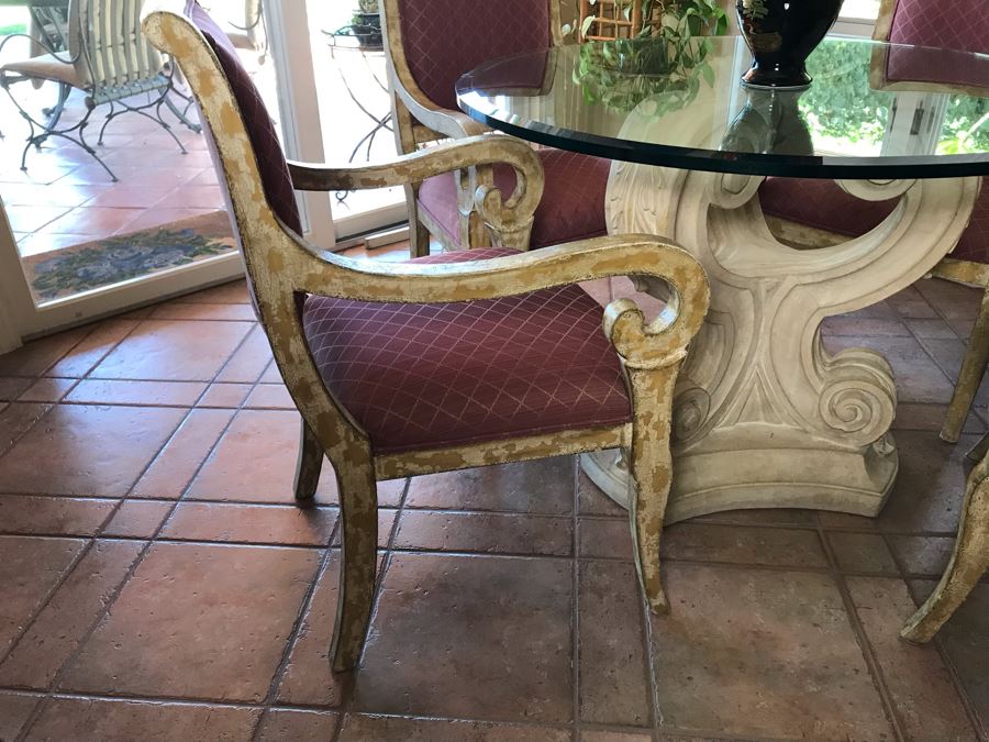 4 Elegantly Upholstered Dining Armchairs With Pedestal Dining Table And Beveled Glass Table Top 42R - FRE [Photo 8]