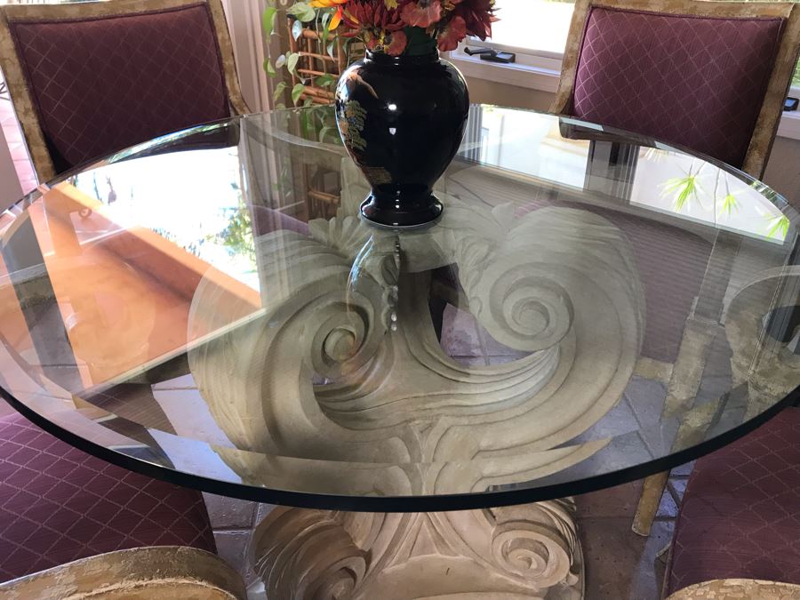 4 Elegantly Upholstered Dining Armchairs With Pedestal Dining Table And Beveled Glass Table Top 42R - FRE [Photo 6]