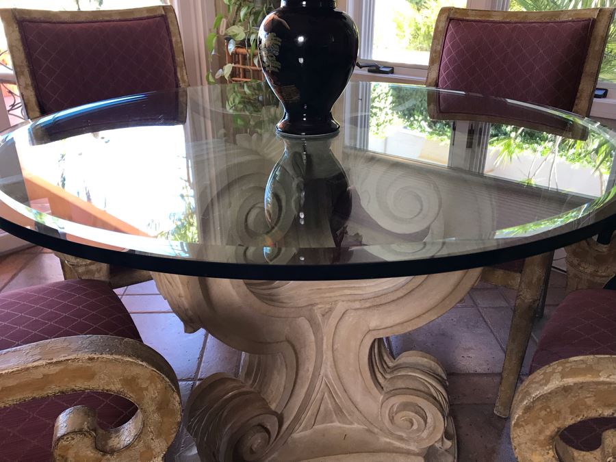 4 Elegantly Upholstered Dining Armchairs With Pedestal Dining Table And Beveled Glass Table Top 42R - FRE [Photo 7]