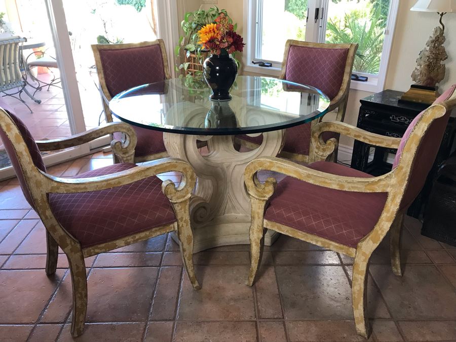 4 Elegantly Upholstered Dining Armchairs With Pedestal Dining Table And Beveled Glass Table Top 42R - FRE [Photo 2]