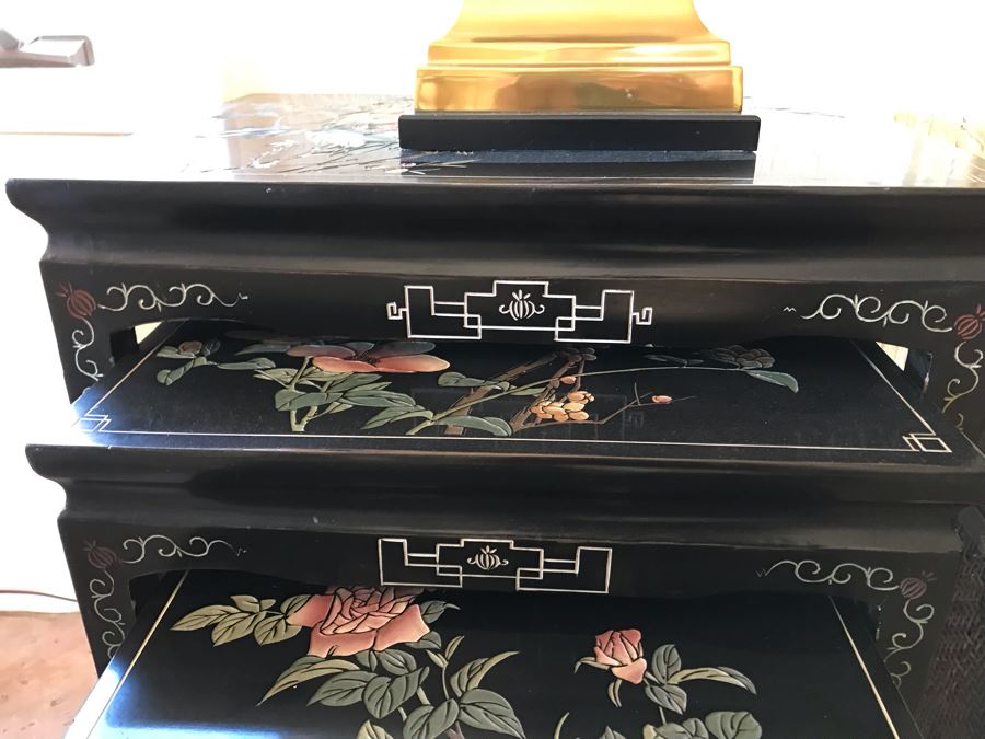 Set Of 3 Black Lacquer Asian Nesting Tables With Rose And Bird Motif - FRE [Photo 4]