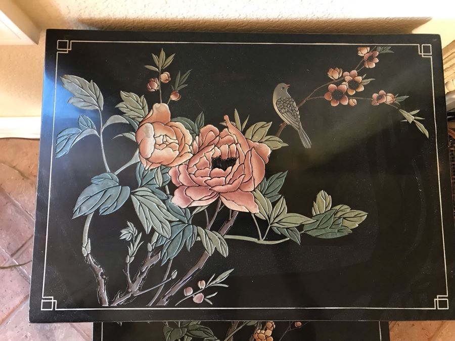 Set Of 3 Black Lacquer Asian Nesting Tables With Rose And Bird Motif - FRE [Photo 5]