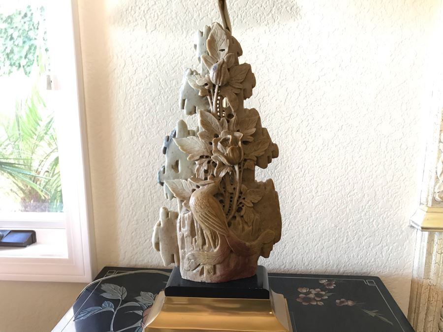 Relief Carved Soapstone Asian Table Lamp With Shade - FRE [Photo 2]