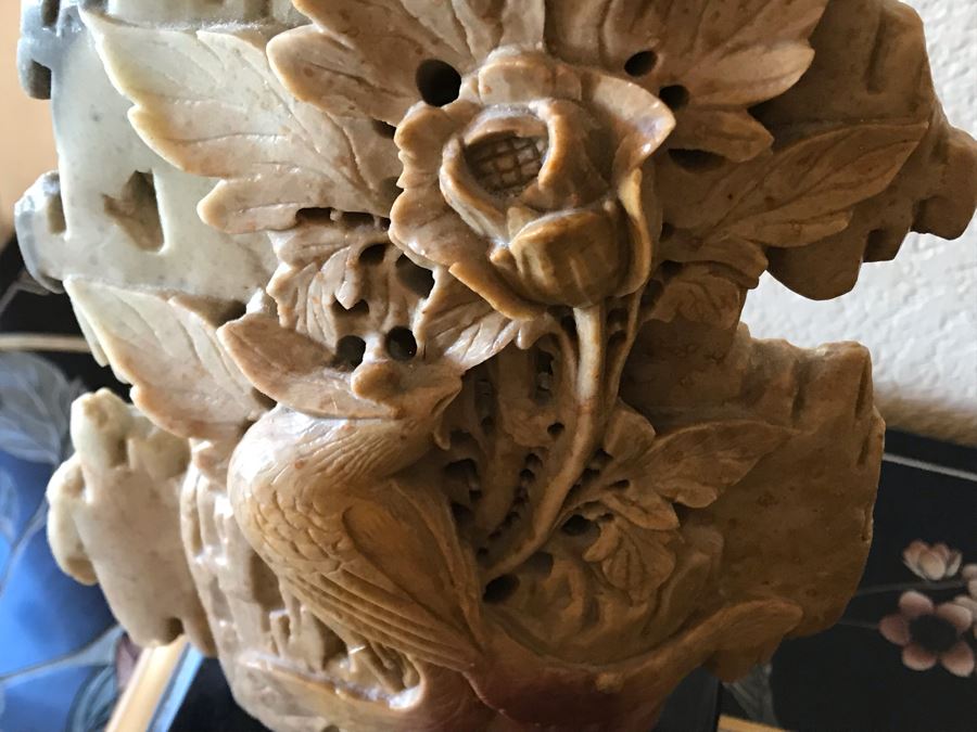 Relief Carved Soapstone Asian Table Lamp With Shade - FRE [Photo 5]