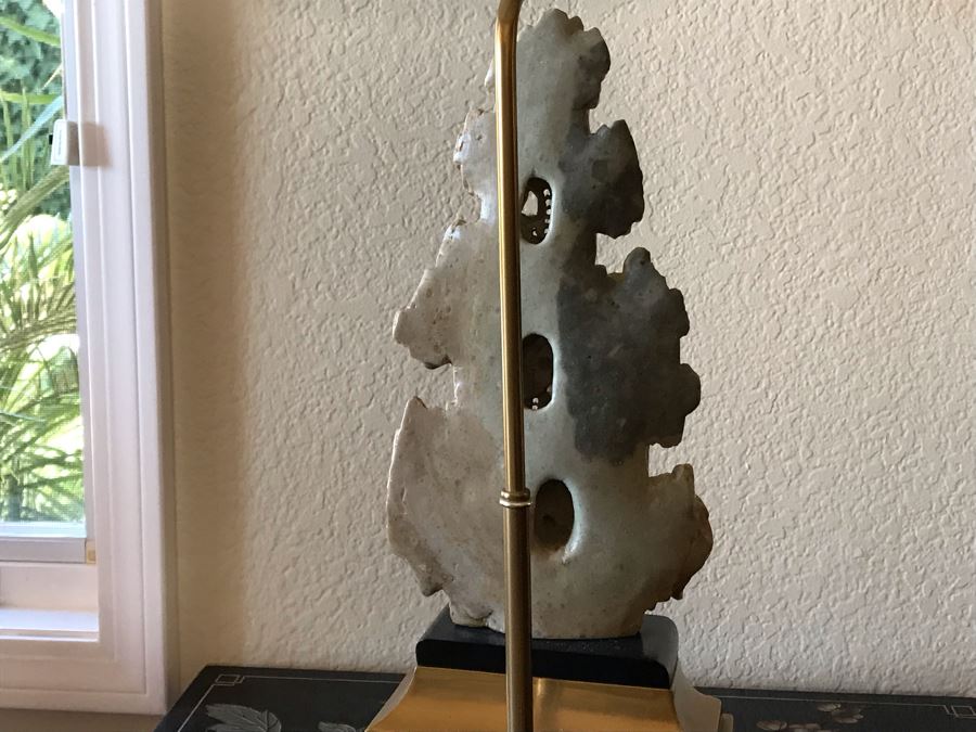 Relief Carved Soapstone Asian Table Lamp With Shade - FRE [Photo 6]