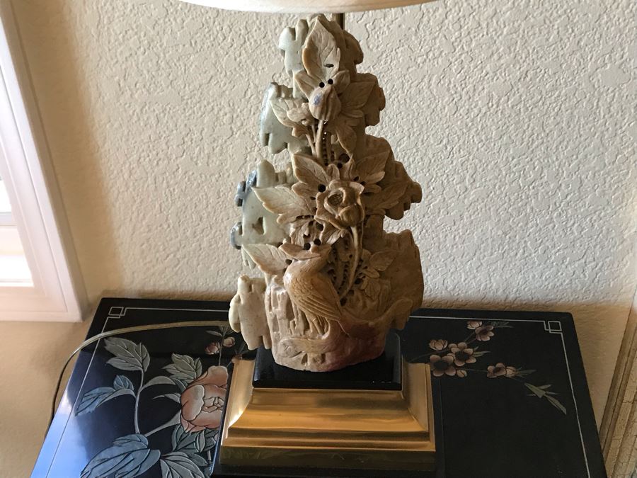 Relief Carved Soapstone Asian Table Lamp With Shade - FRE [Photo 7]