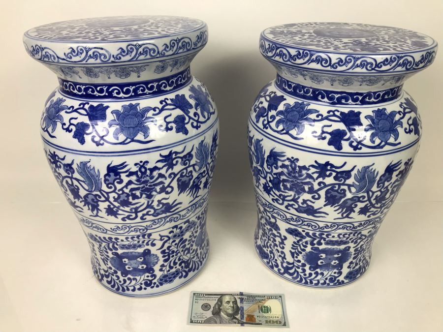 Pair Of Chinese Contemporary Blue And White Stools Pedestals 16H X 9.5W - LJE [Photo 2]