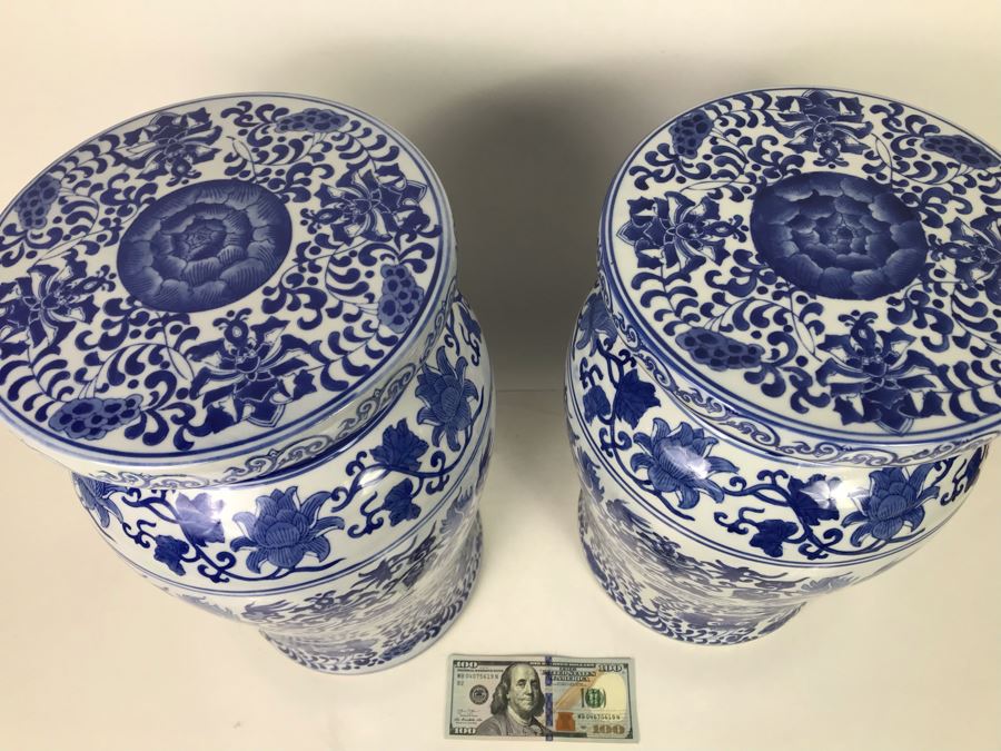 Pair Of Chinese Contemporary Blue And White Stools Pedestals 16H X 9.5W - LJE [Photo 4]