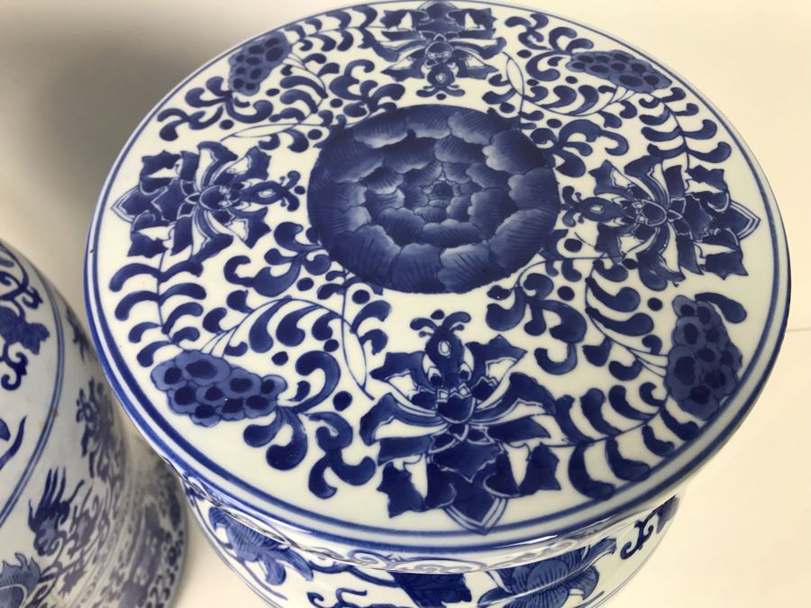 Pair Of Chinese Contemporary Blue And White Stools Pedestals 16H X 9.5W - LJE [Photo 6]