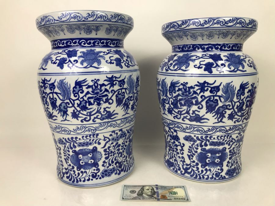 Pair Of Chinese Contemporary Blue And White Stools Pedestals 16H X 9.5W - LJE [Photo 3]